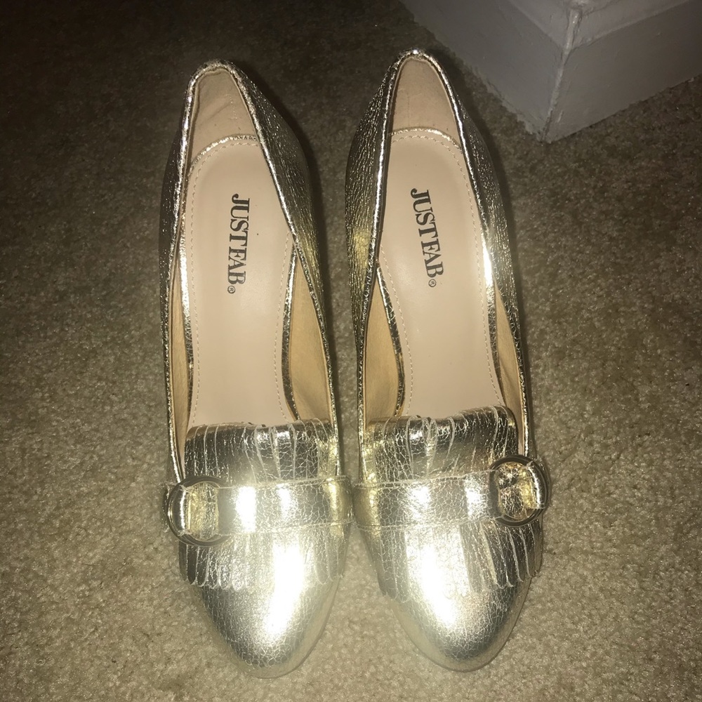 JustFab Metallic Gold Fringe Loafers Heels